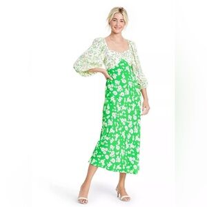 RIXO x Target Daisy Floral Long Sleeve Swing Green Midi Dress, Size 2